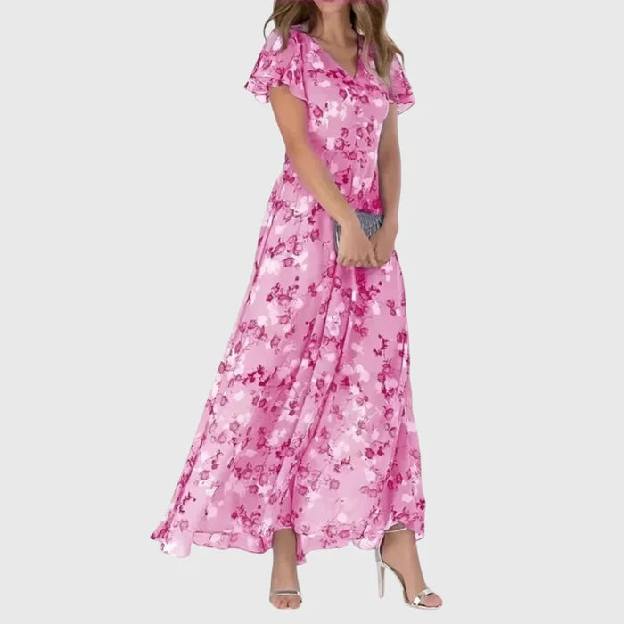 Mia - Flowy Floral Maxi Dress for Women with Flutter Sleeves and V-Neck