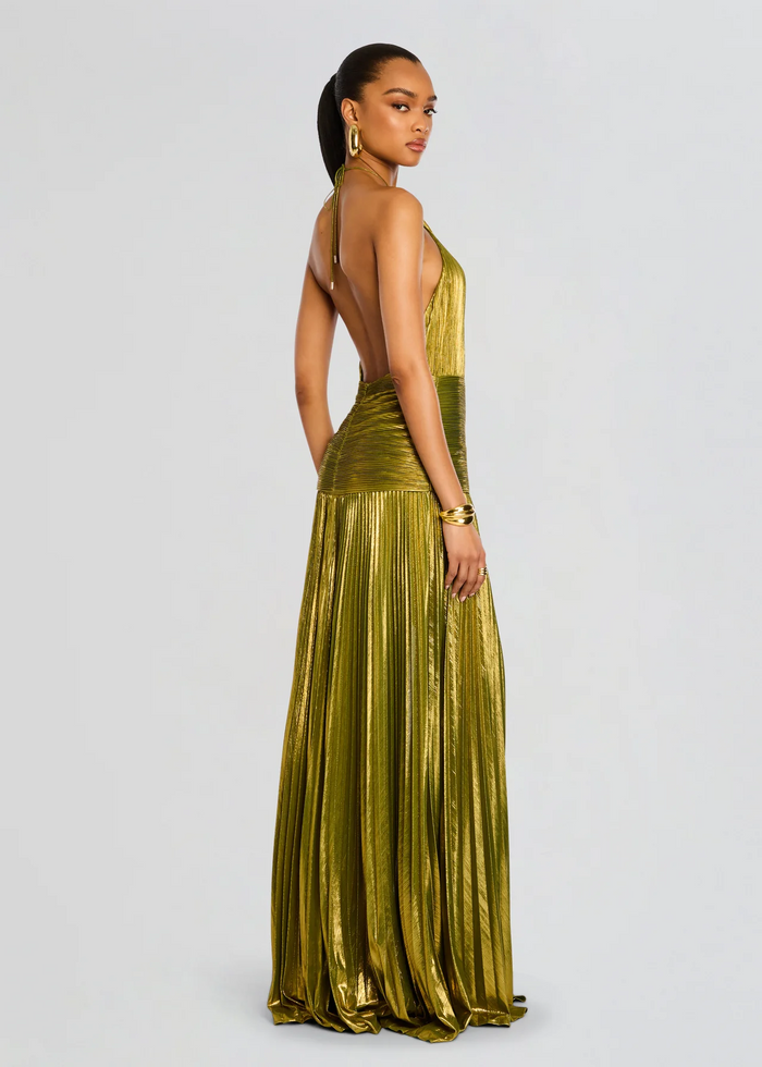 Mia - Glam Women's Wedding Guest Maxi Dress with Halter Neck and Pleated High Split Skirt