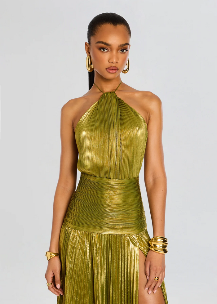 Mia - Glam Women's Wedding Guest Maxi Dress with Halter Neck and Pleated High Split Skirt