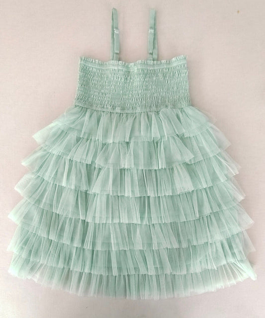 Mint Blue Tiered Tulle Dress with Nylon Net Frills and Adjustable Straps dress & diaper cover Yo Baby India