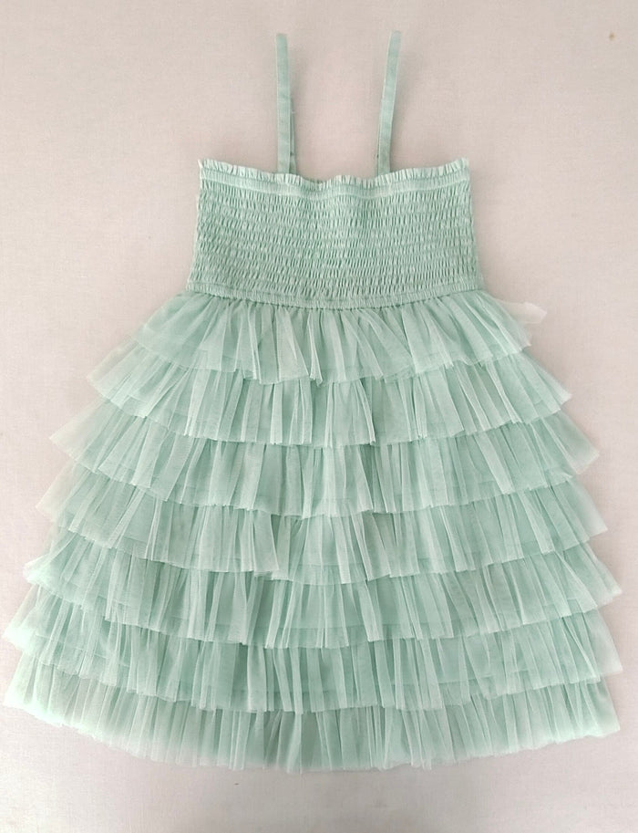 Mint Blue Tiered Tulle Dress with Nylon Net Frills and Adjustable Straps dress & diaper cover Yo Baby India