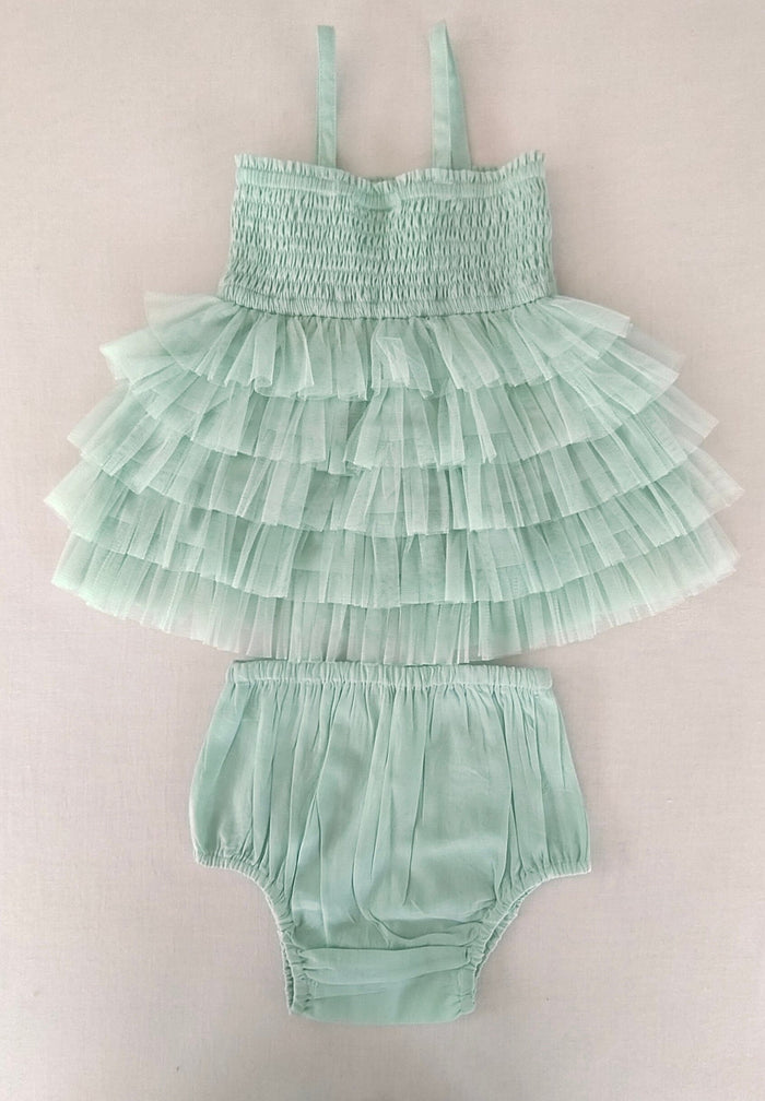 Mint Blue Tiered Tulle Dress with Nylon Net Frills and Adjustable Straps dress & diaper cover Yo Baby India