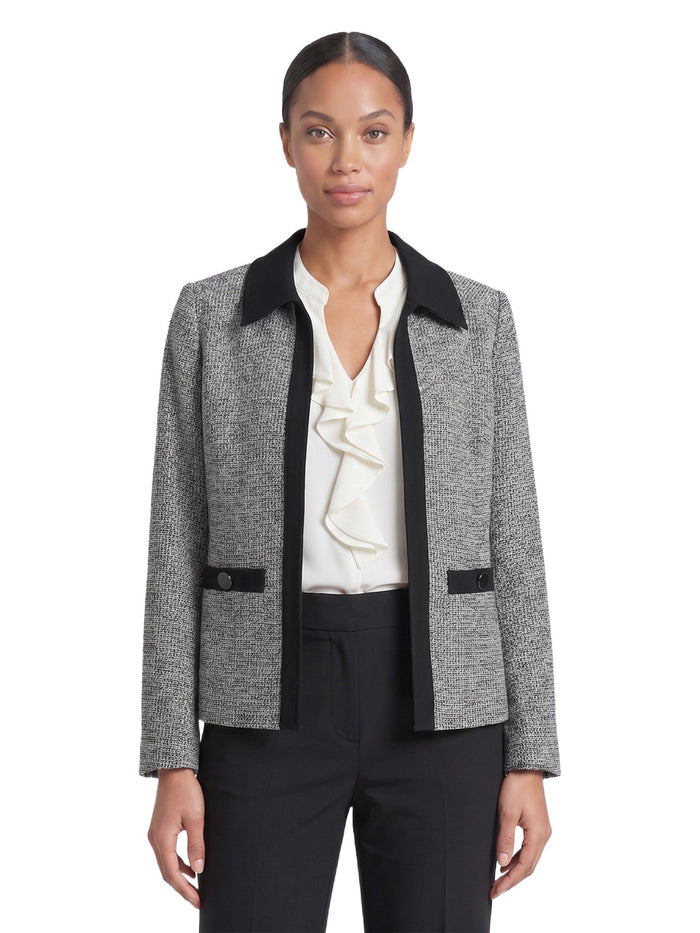 Mixed Media Collared Cardigan, Black/Vanilla Ice | Kasper