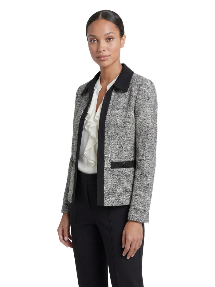 Mixed Media Collared Cardigan, Black/Vanilla Ice | Kasper