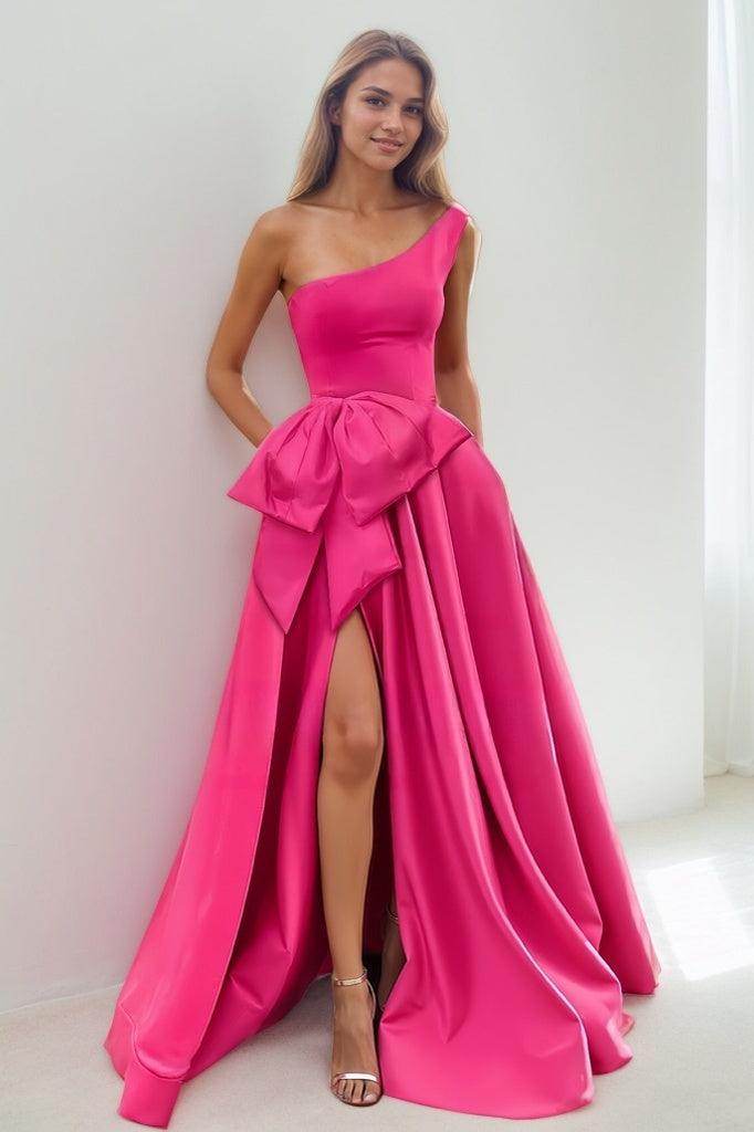 Modest One-Shoulder Bow Accented Satin Prom Dresses With High Split CS0839 - COCOMELODY