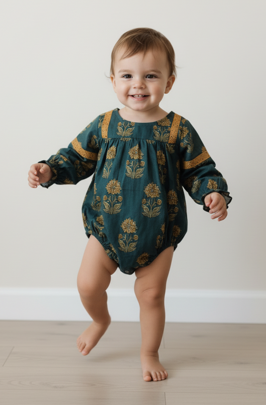 Moss Green Esti Romper for Infant Baby Girls – Cotton, Lace Detail, Snap Closure
