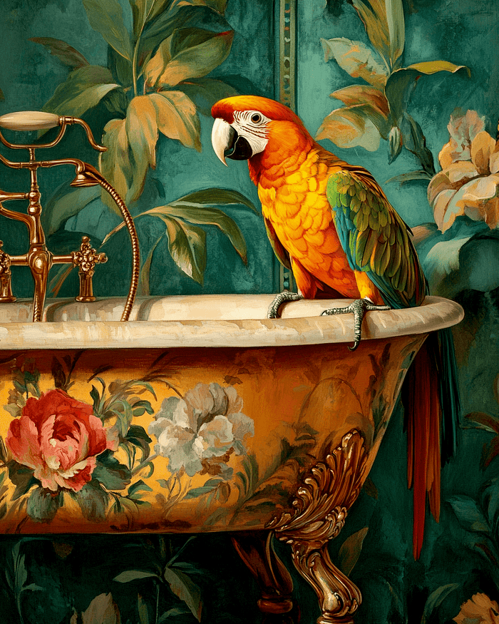 Mowbi - Parrot on Bathtub - Bathroom Wall Art Prints – 8″x10″ Artwork for 11″x14″ Frame