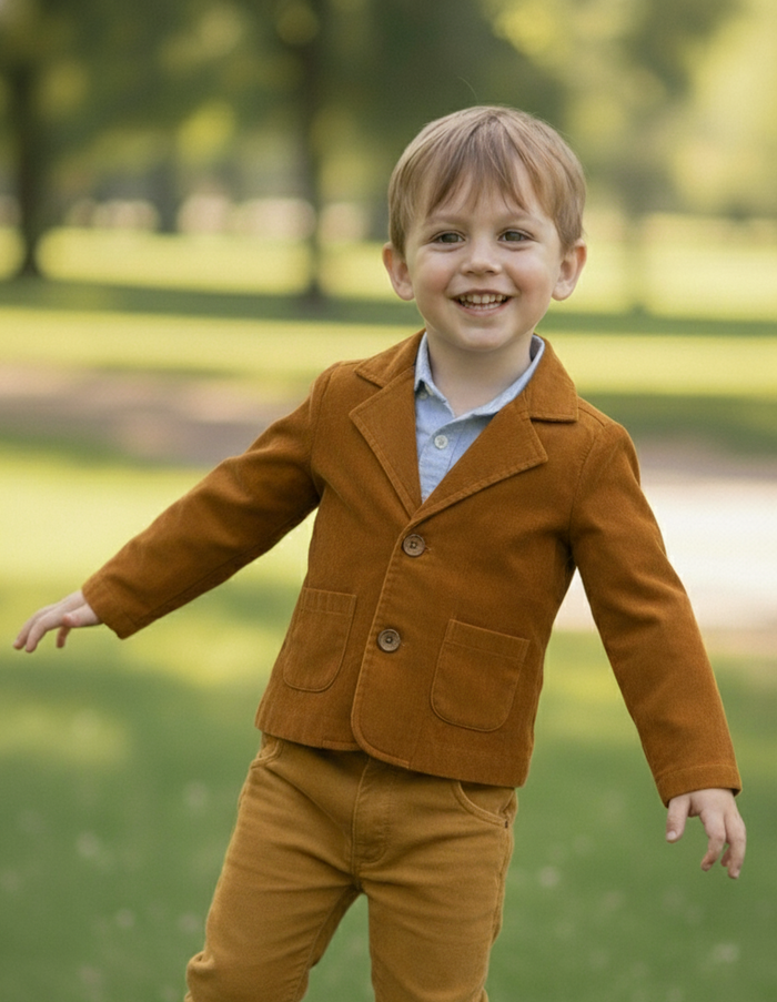 Mustard Corduroy Blazer for Kids – Toddler & Tween, Coconut Button, Contrast Fabric Detail