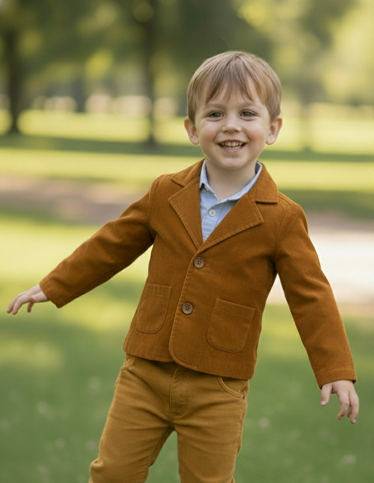 Mustard Corduroy Blazer for Kids – Toddler & Tween, Coconut Button, Contrast Fabric Detail