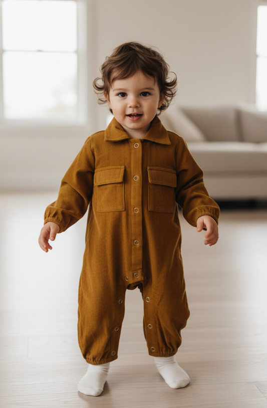 Mustard Corduroy Jumpsuit for Babies – Unisex Infant & Toddler, Snap Buttons, Comfortable Fit