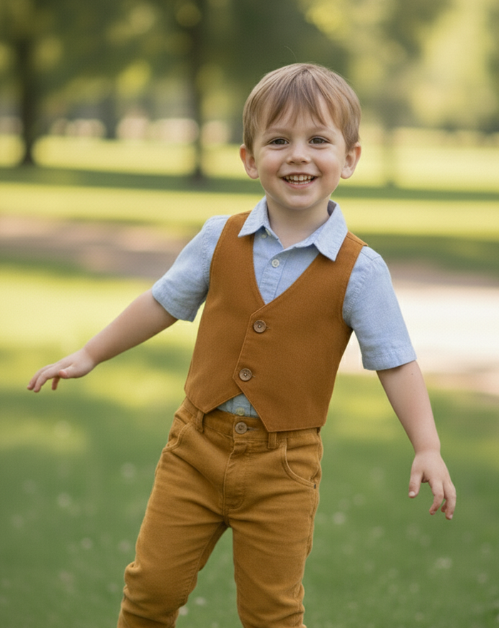 Mustard Corduroy Vest for Kids – Unisex Toddler & Tween, Coconut Button, Stylish Layering
