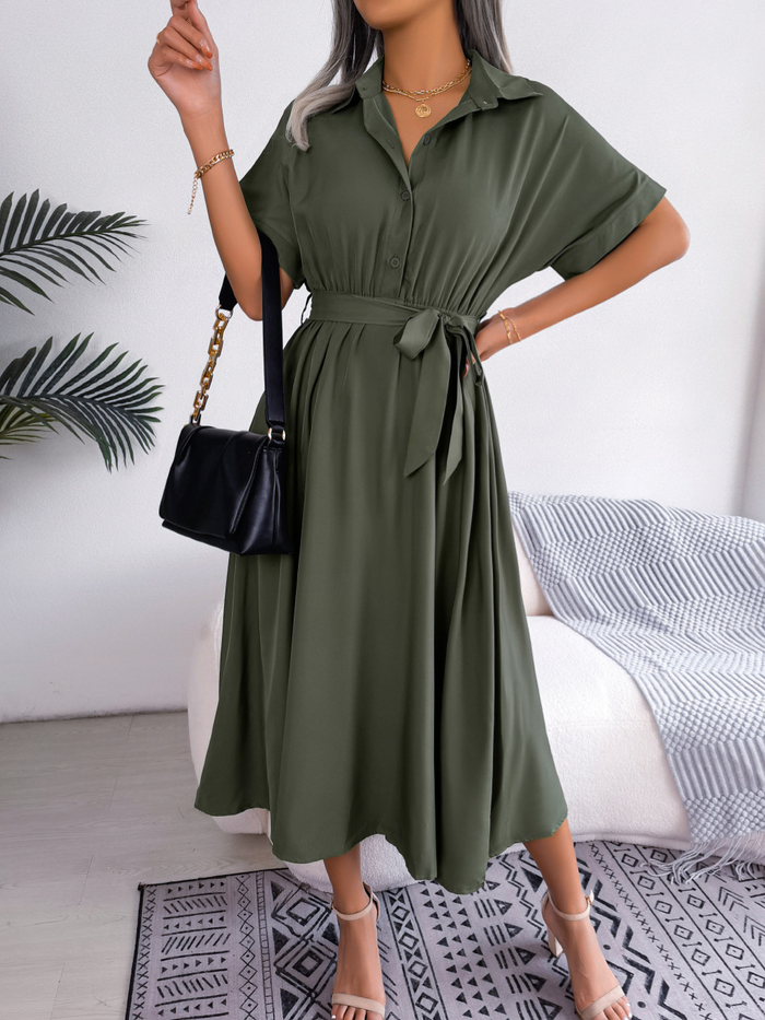 Naomi - Casual Women's Wedding Guest Dress with Shirt Collar and Belted Waist