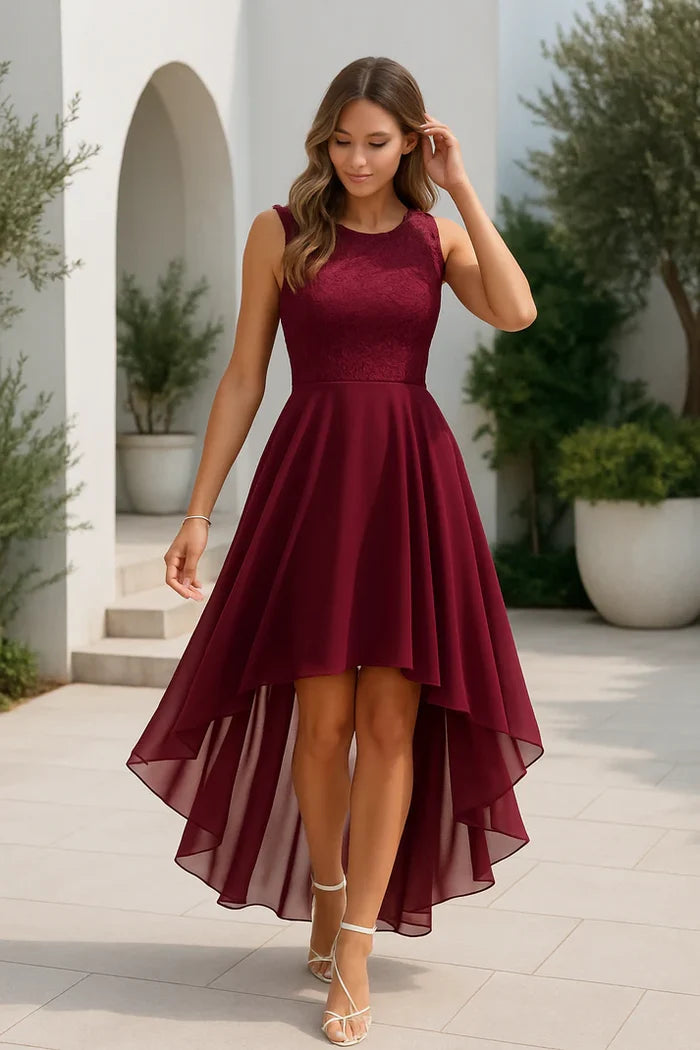 Naomi - Elegant Women's Wedding Guest Dress with Lace Bodice and High Low Hem