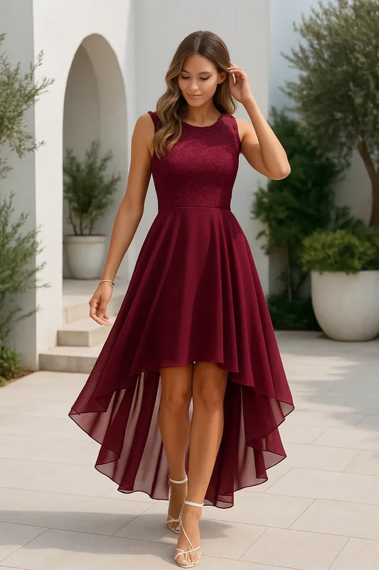 Naomi - Elegant Women's Wedding Guest Dress with Lace Bodice and High Low Hem