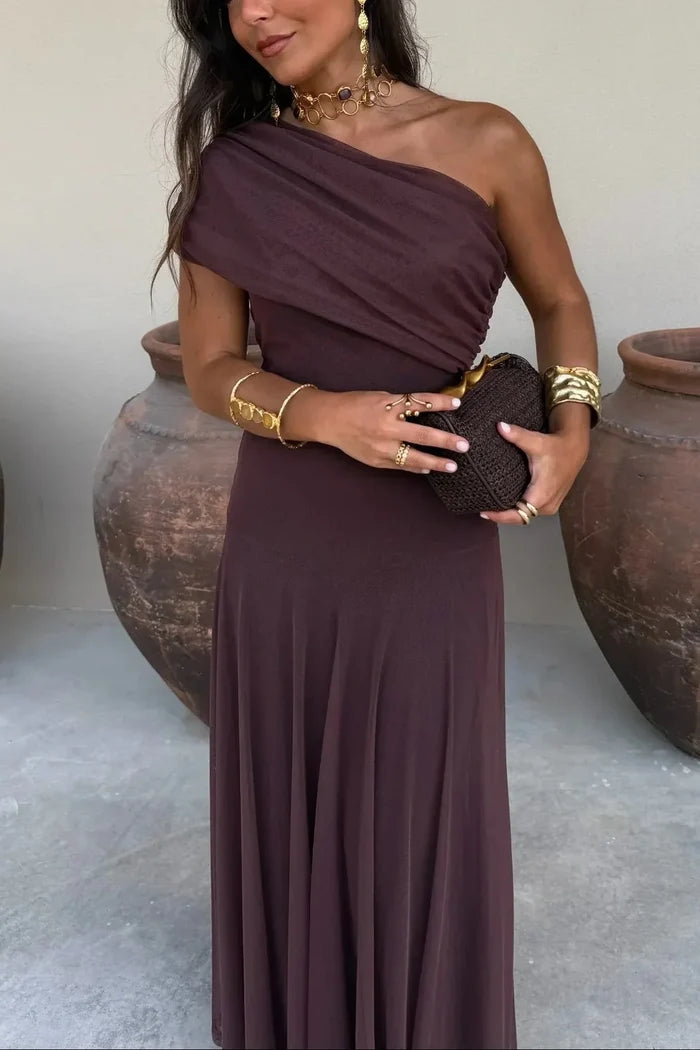 Naomi - Elegant Women's Wedding Guest Dress with One Shoulder Neck and Flowing Maxi Skirt