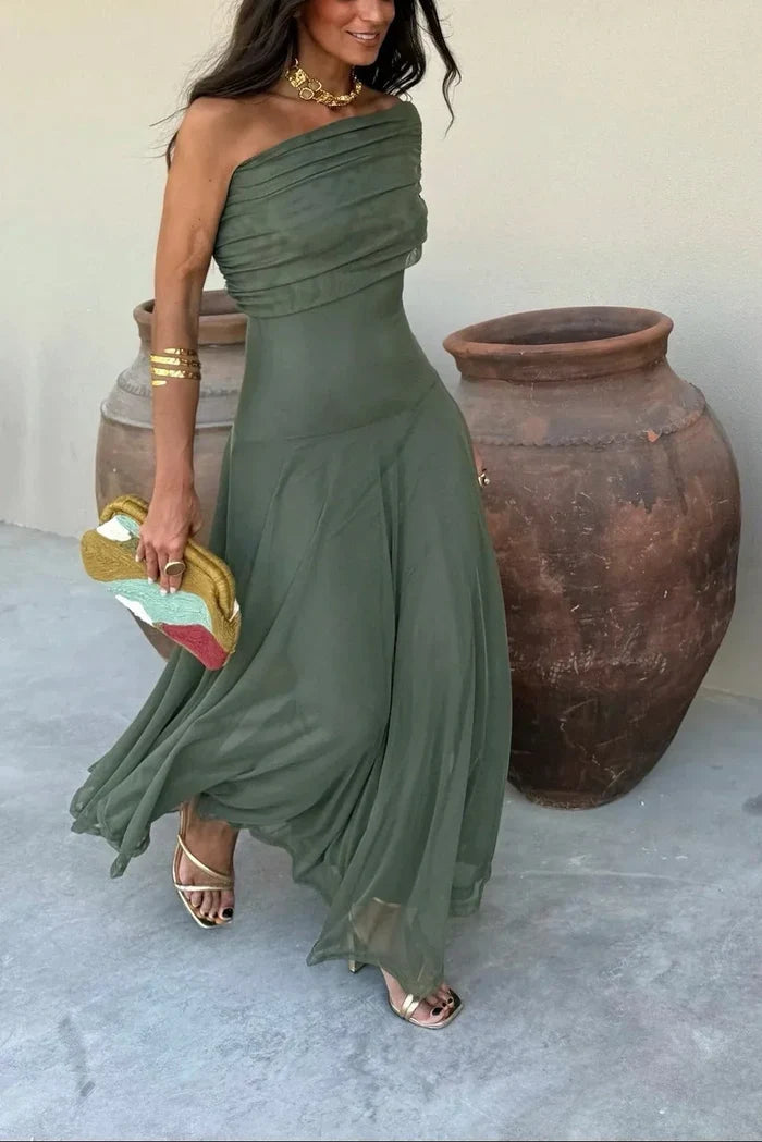 Naomi - Elegant Women's Wedding Guest Dress with One Shoulder Neck and Flowing Maxi Skirt