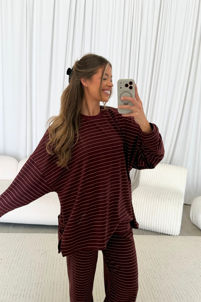 Naomi Striped Oversized Fleece Long Sleeve Top in Burgundy/Cream