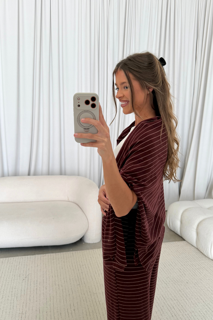 Naomi Striped Oversized Fleece Long Sleeve Top in Burgundy/Cream