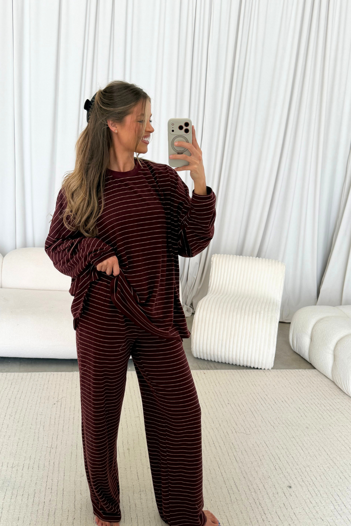 Naomi Striped Oversized Fleece Long Sleeve Top in Burgundy/Cream
