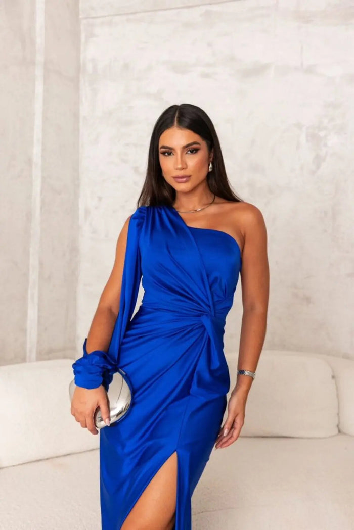 Natalie - Elegant Women's Wedding Guest Maxi Dress with One Shoulder Sleeve and Thigh Split