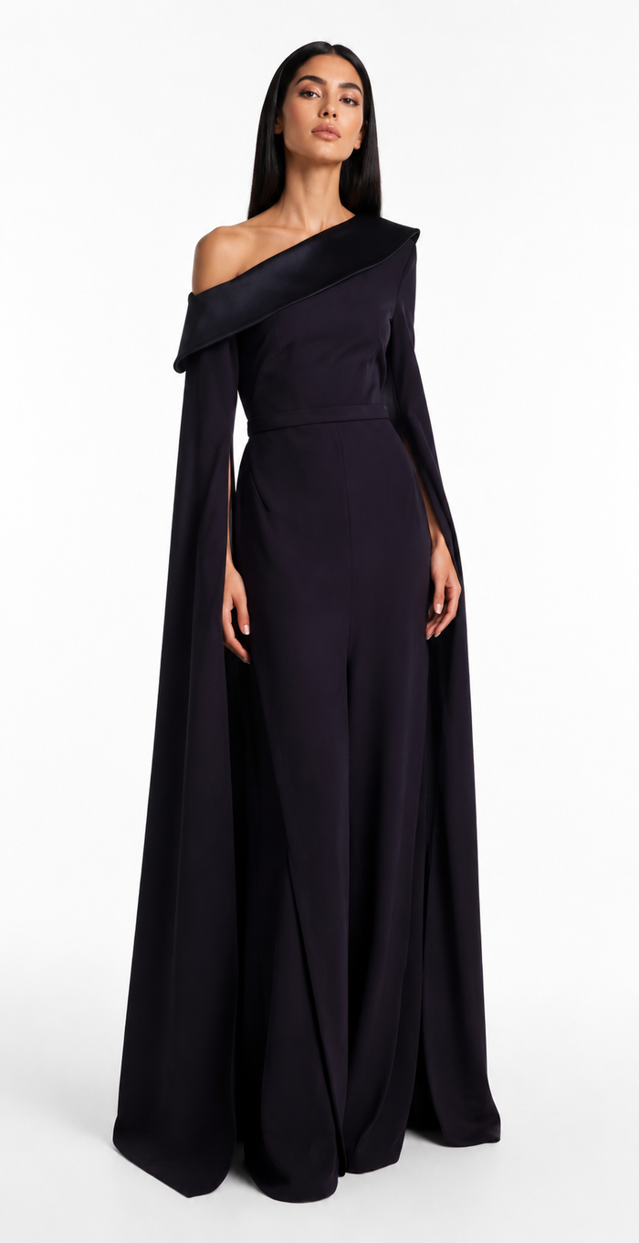 Navy Blue Off-Shoulder Cape Evening Dress – NOIREVA