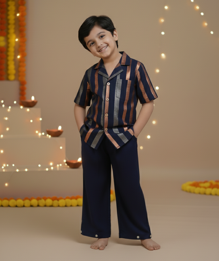 Navy Multi-Color Lurex Boys Shirt & Pants Set