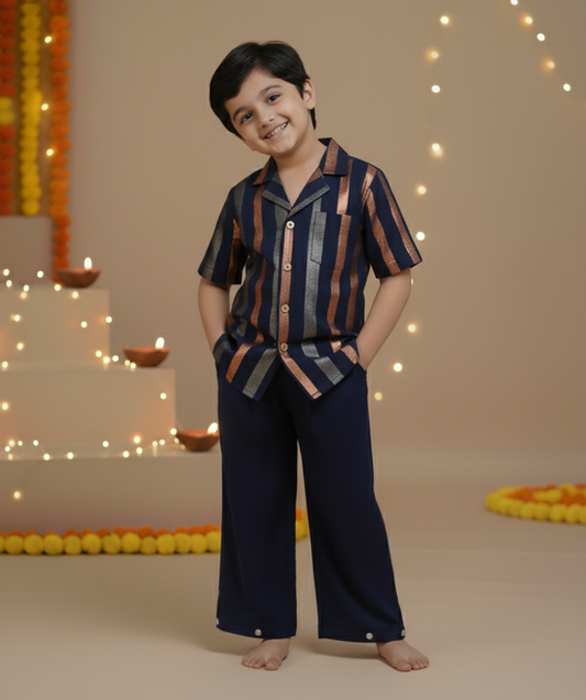 Navy Multi-Color Lurex Boys Shirt & Pants Set