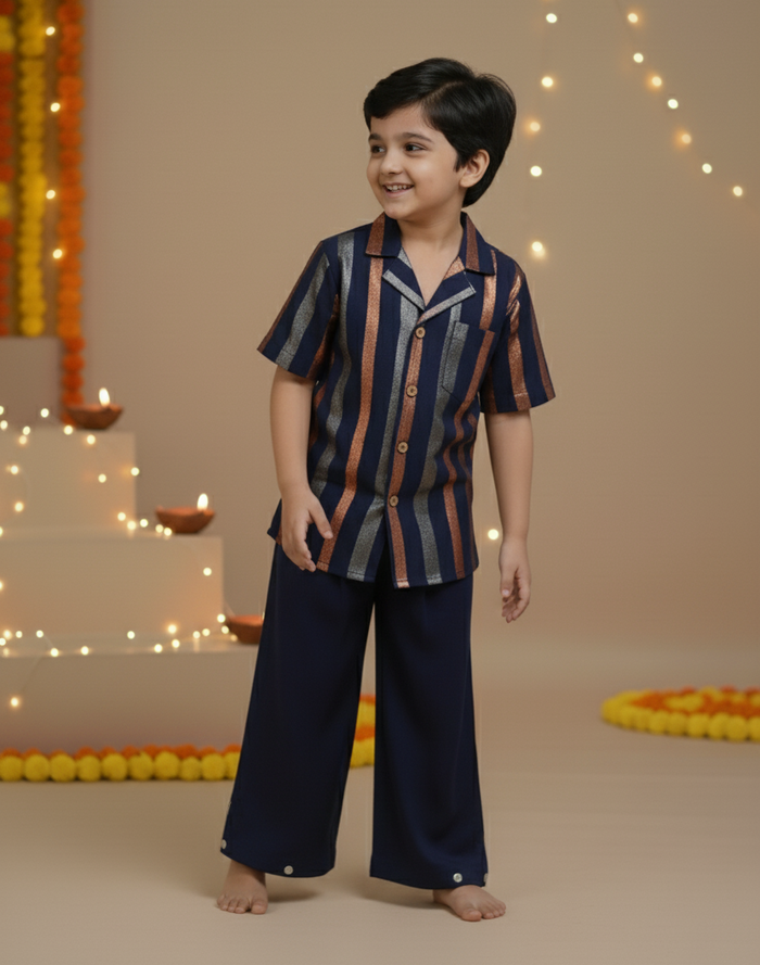 Navy Multi-Color Lurex Boys Shirt & Pants Set