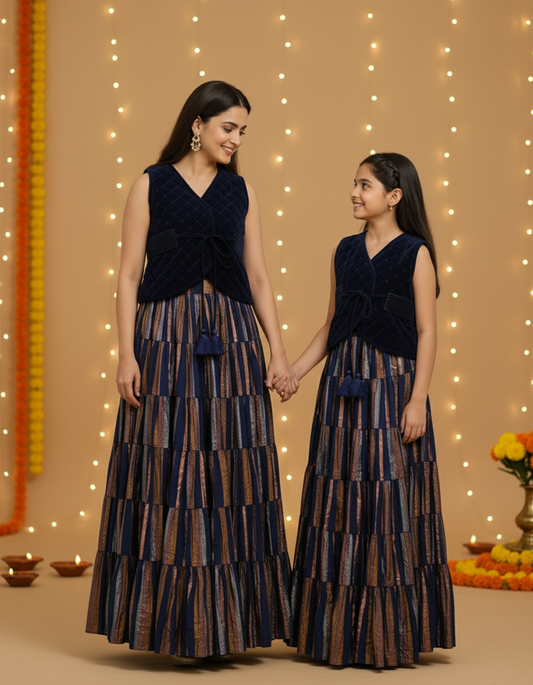 Navy Quilted Velvet Waistcoat, Gathered Skirt & Belt Set