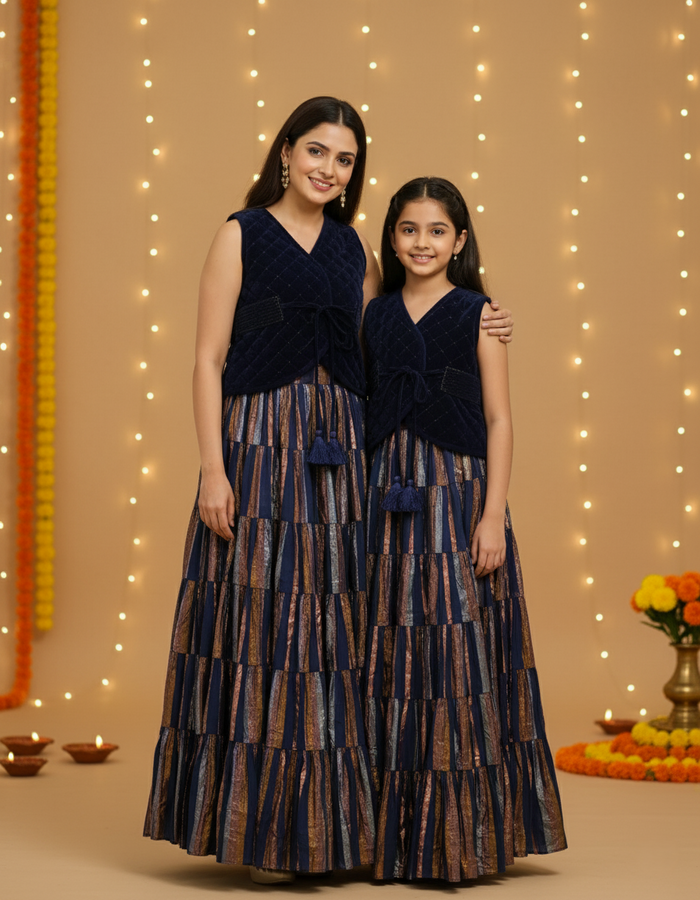 Navy Quilted Velvet Waistcoat, Gathered Skirt & Belt Set