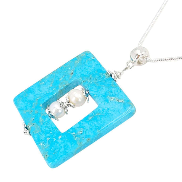 Necklace - Large Square Frame Pendant (Amazonite, Pearl, Sterling Silver) by Tiny Aloha
