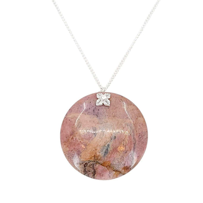 TAN275 $40 - Rhodonite Large Stone Coin Pendant Silver Plate Necklace