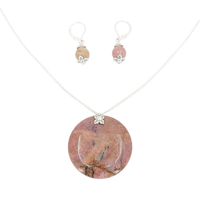 TAN275BUN $66 - Rhodonite Large Stone Coin Pendant Silver Plate Necklace and Earrings Bundle