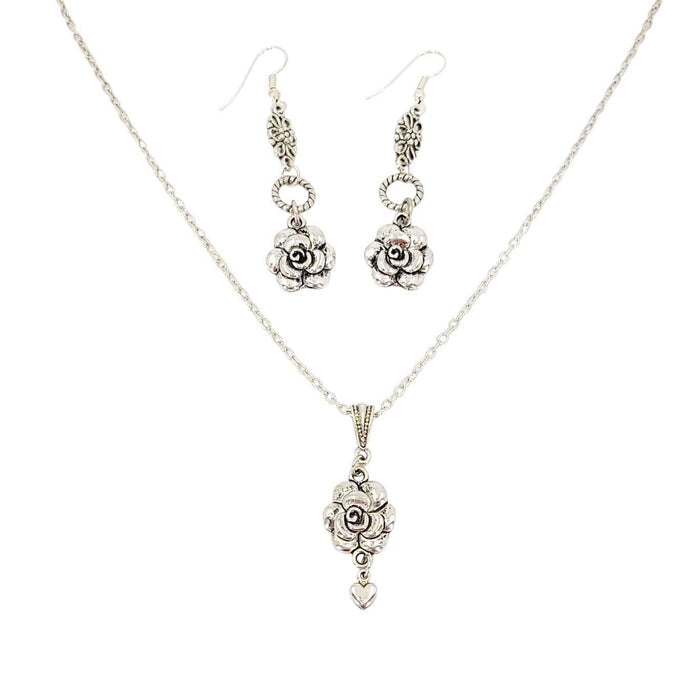 TAN249BUN $55 - Silver Plate Rose Heart Pendant Necklace and Earrings Bundle
