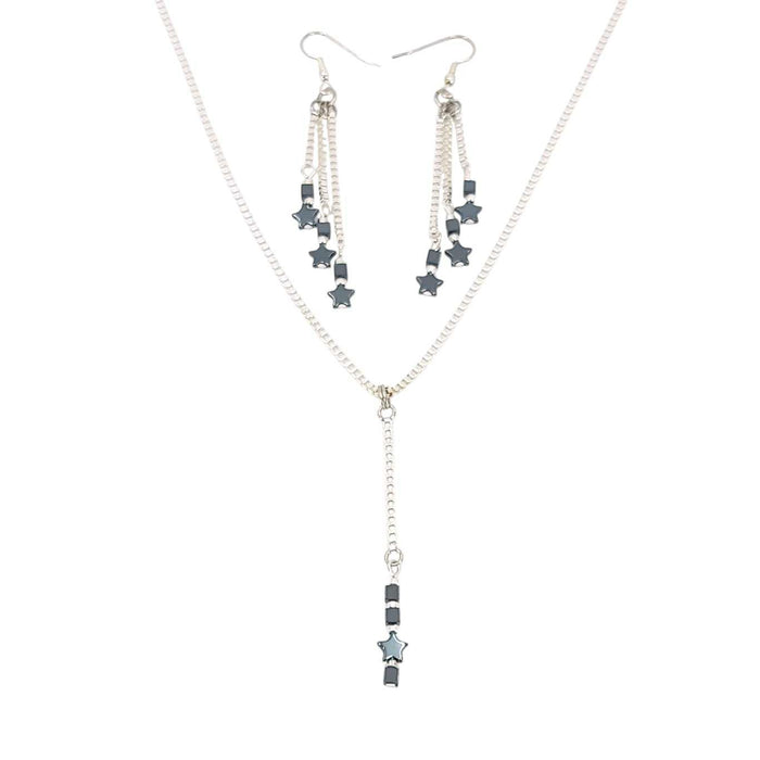 TAN250BUN $50 - Hematite Tiny Star Long Pendant Necklace and Earrings Bundle
