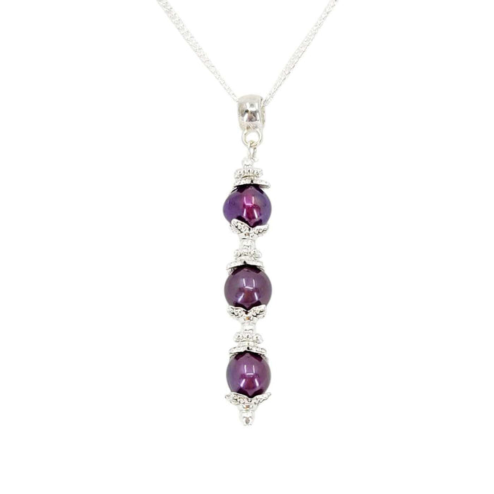 TAN274 $48 - Purple Triple Spaced Pearl Pendant Silver Plate Necklace