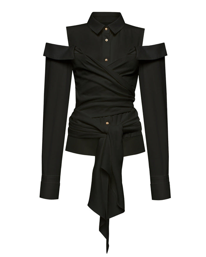 Off-Shoulder Buttoned Shirt with Waist Tie - Burti