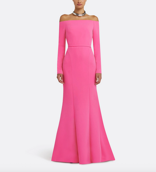 off-shoulder flared gown with long sleeves – FLAMINGO
