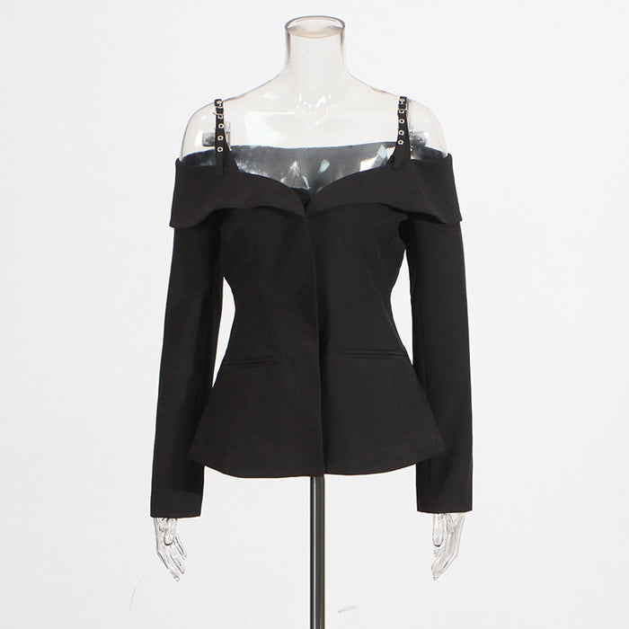 Off-shoulder tailored blazer with strap detail - Vynciru