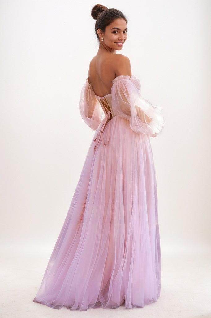 Off-The-Shoulder Long Lantern Sleeves Tulle Prom Dresses CS0776 - COCOMELODY