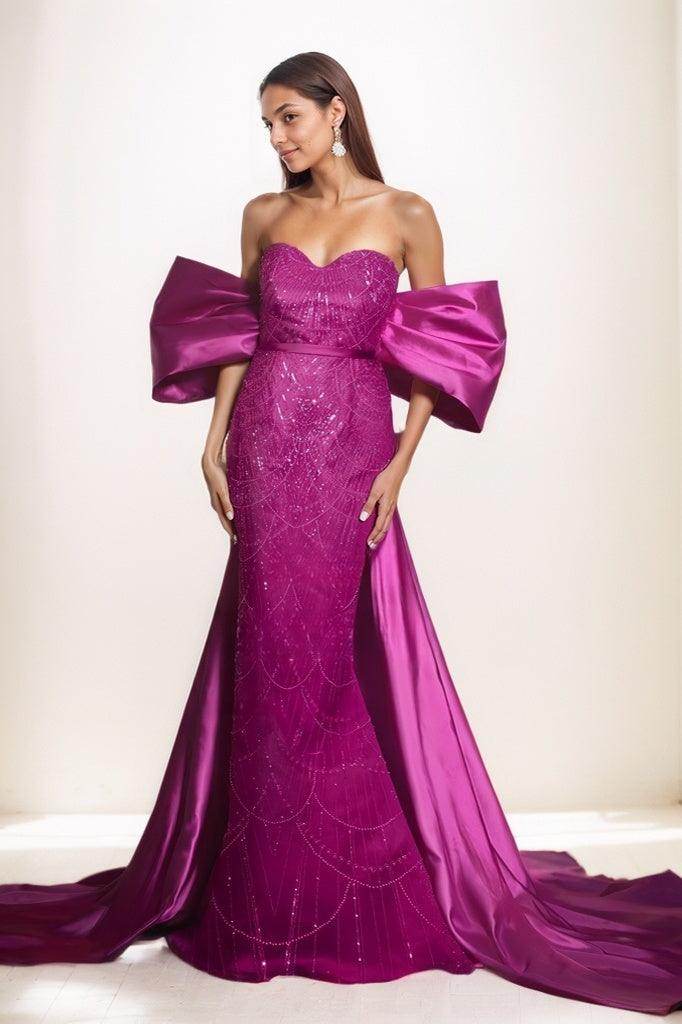 Off-The-Shoulder Sweep Train Satin/Lace Prom Dresses CS0799 - COCOMELODY