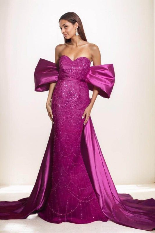 Off-The-Shoulder Sweep Train Satin/Lace Prom Dresses CS0799 - COCOMELODY