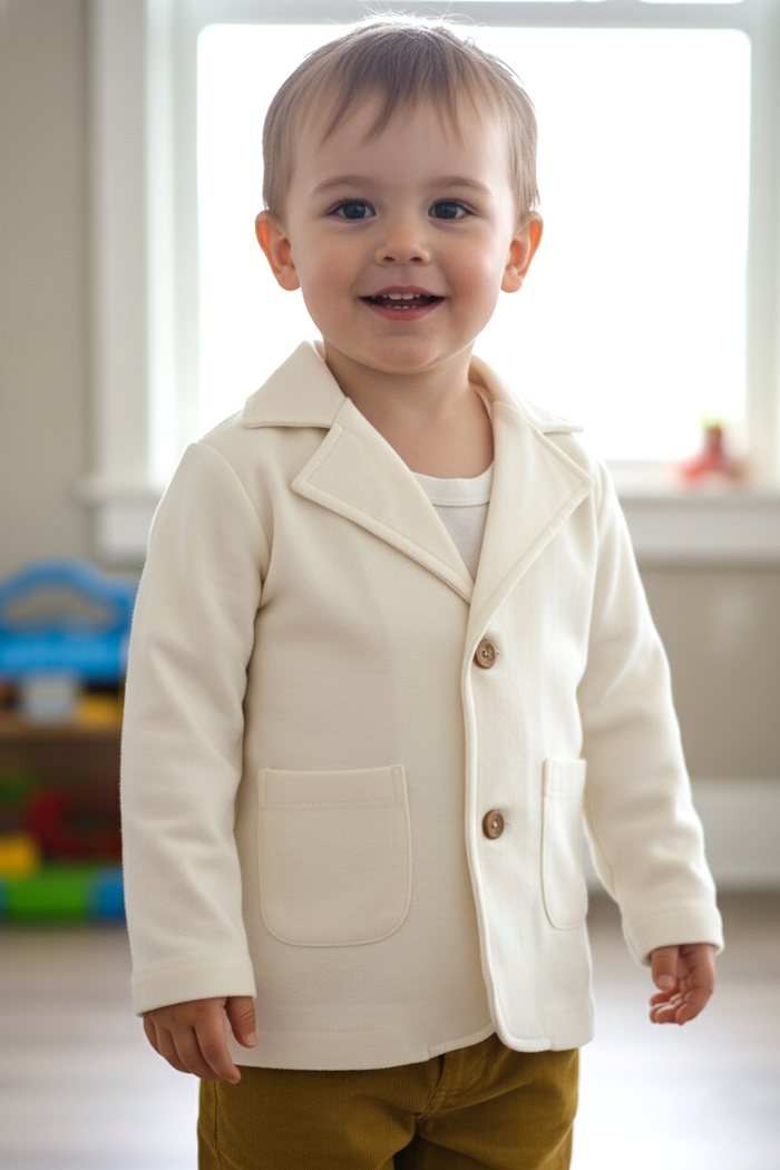 Off-White Corduroy Blazer for Kids – Toddler & Tween, 100% Cotton with Contrast Fabric