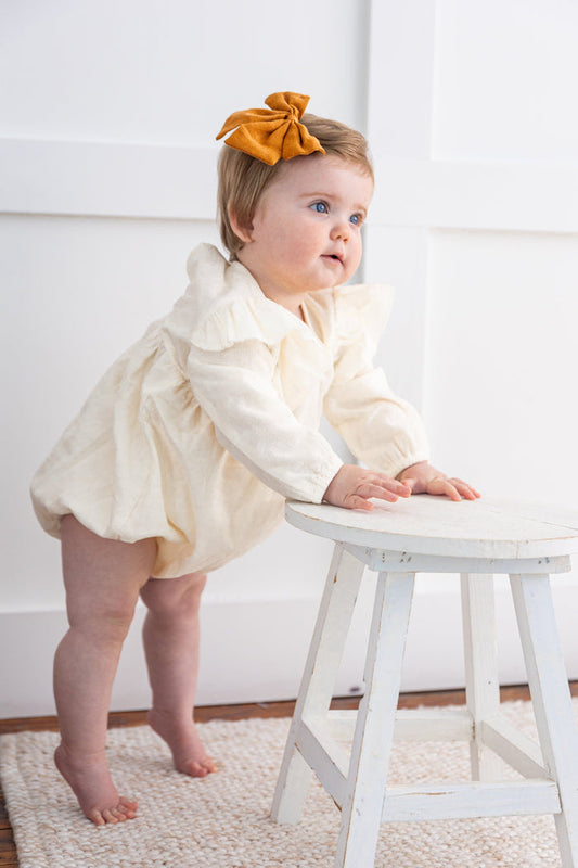 Off-White Corduroy Solid Color Ruffled Baby Romper Yo Baby India