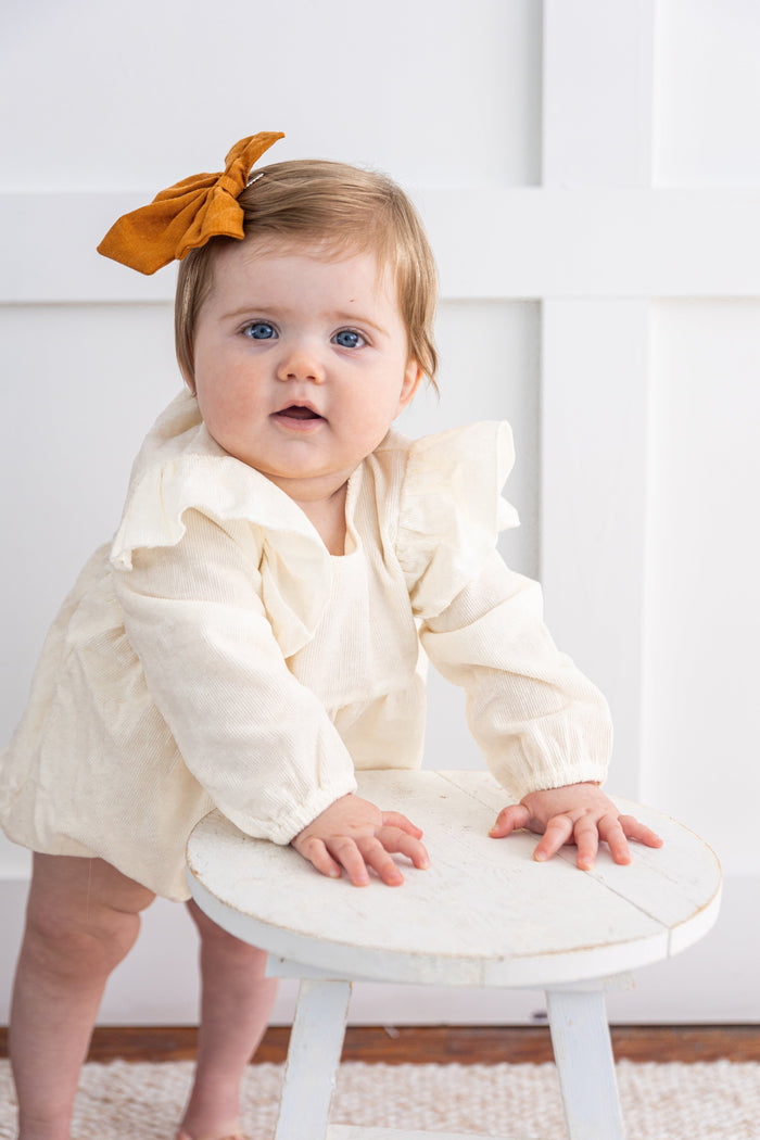 Off-White Corduroy Solid Color Ruffled Baby Romper Yo Baby India