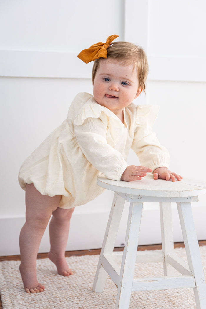 Off-White Corduroy Solid Color Ruffled Baby Romper Yo Baby India