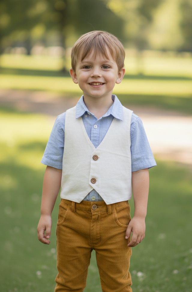Off-White Corduroy Vest for Kids – Toddler & Tween, Unisex, 100% Cotton with Printed Stripe Lining