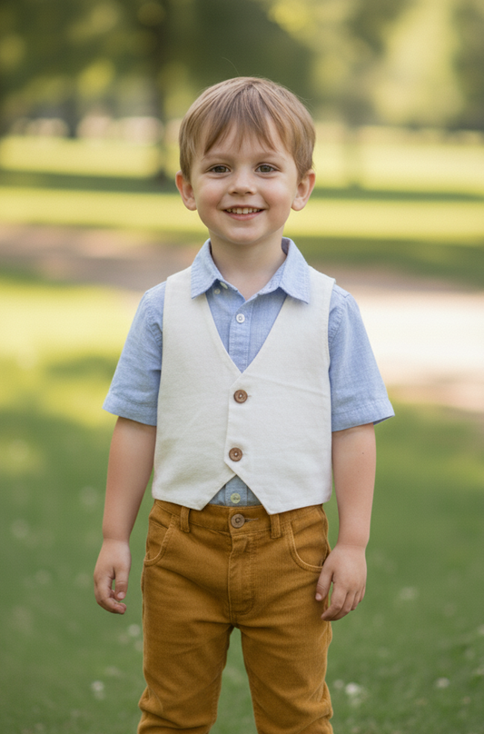 Off-White Corduroy Vest for Kids – Toddler & Tween, Unisex, 100% Cotton with Printed Stripe Lining