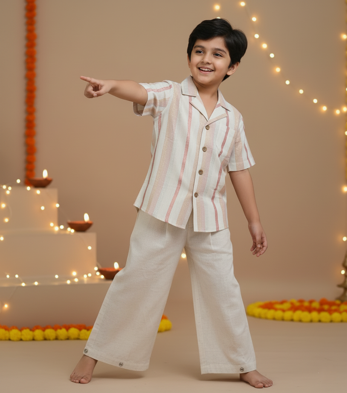 Off-White Multi-Color Lurex Boys Shirt & Pants Set