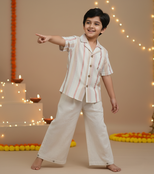 Off-White Multi-Color Lurex Boys Shirt & Pants Set